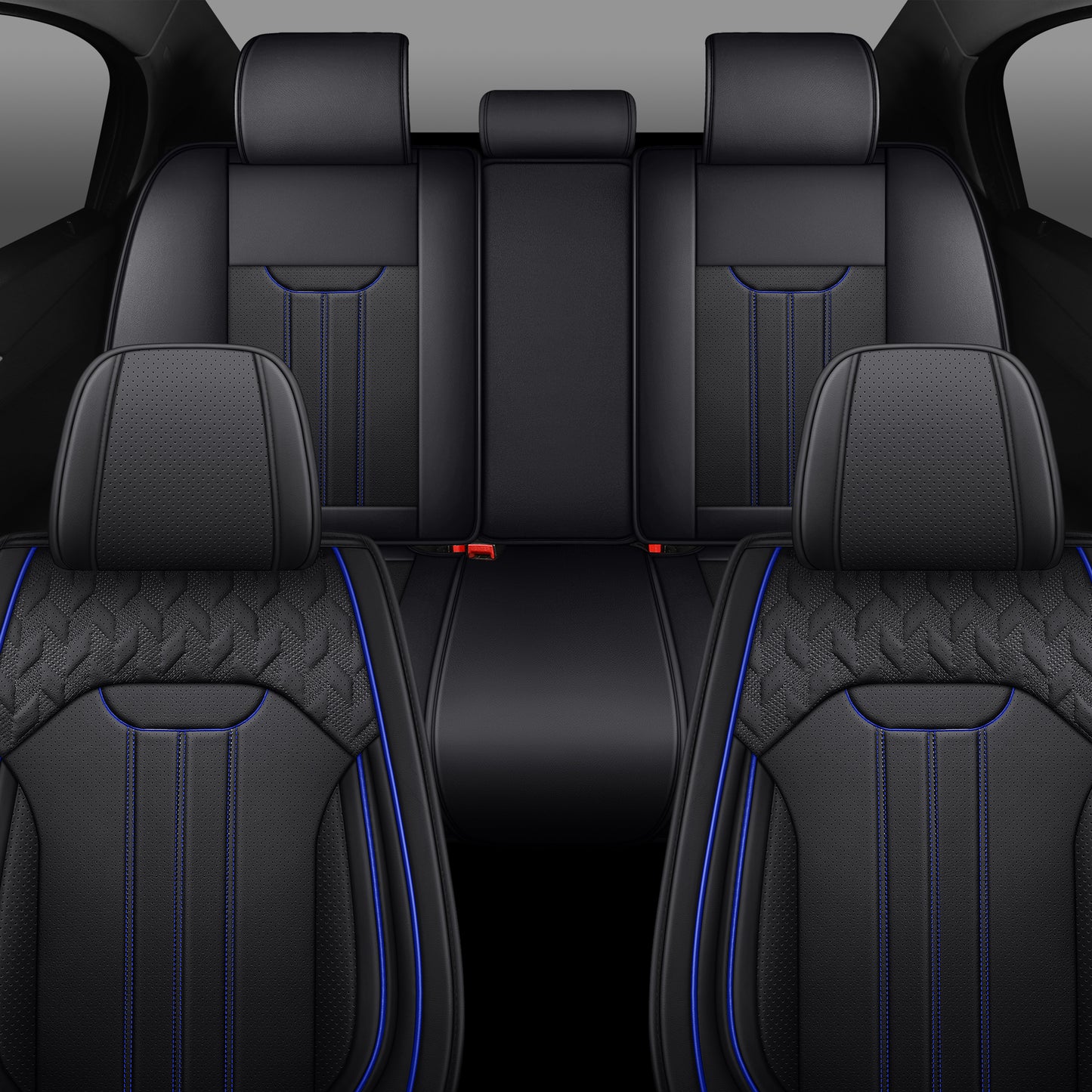 LINGVIDO Black_Blue LINE Car Seat Cover - Full Set Interior Coverage with Leather Seat Covers for Cars, Trucks & SUVs - Automotive Seat Covers & Accessories.