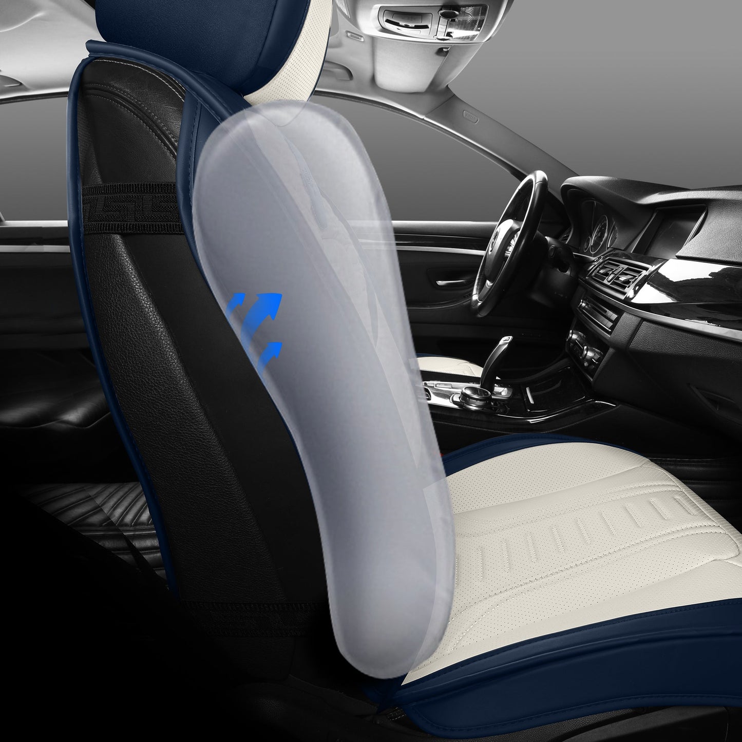 LINGVIDO Blue_White Car Seat Covers - Front Set of Leather Interior Covers for Cars, Trucks & SUVs. Rear Seat Cover Included. Automotive Accessories