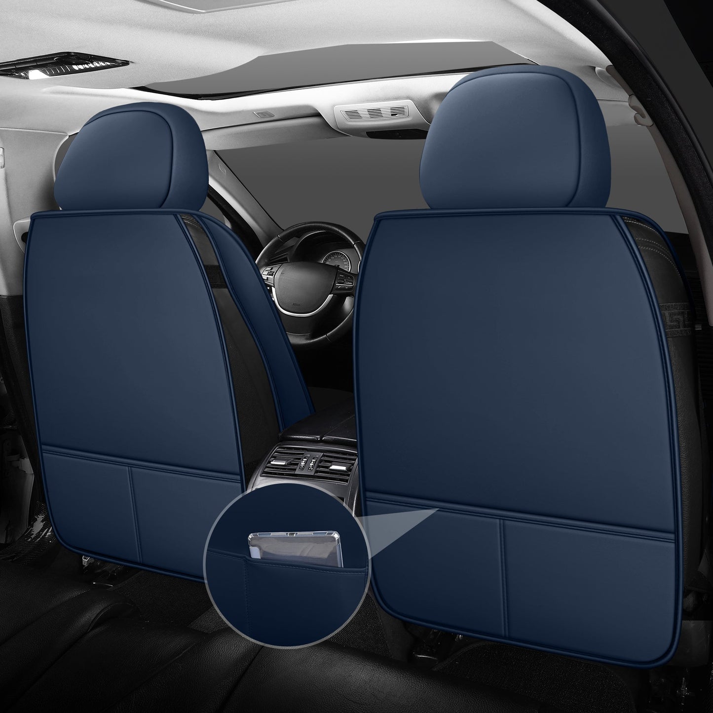 LINGVIDO Blue_White Car Seat Covers - Front Set of Leather Interior Covers for Cars, Trucks & SUVs. Rear Seat Cover Included. Automotive Accessories